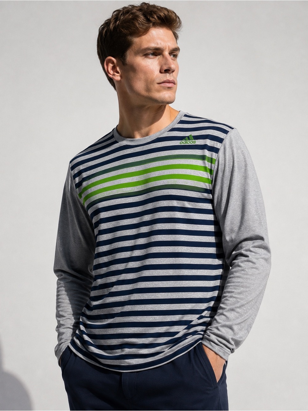 Adidas Climalite Men’s 2XL Long Sleeve Striped Performance Shirt Gray Navy Green
